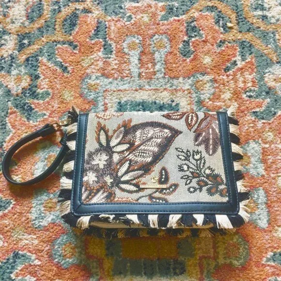 SPARTINA 449 Cordelia Clutch Tan Linen Black Leather Brown Embroidery Fringe - Picture 2 of 8